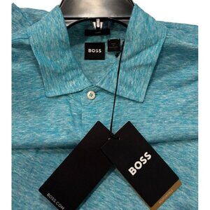 $148 BOSS Hugo Boss XXL Mens Press Polo Shirt Blue 100% Linen Open Blue